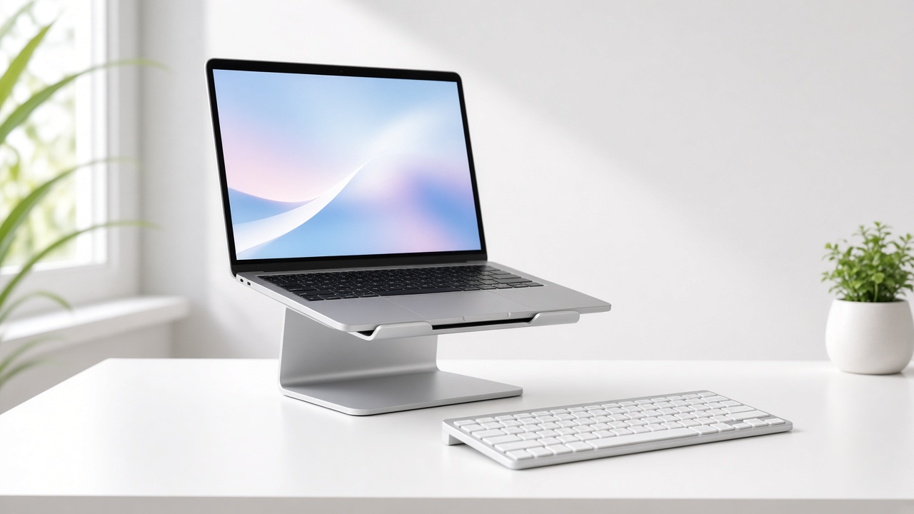 Giá đỡ laptop trên bàn làm việc gọn gàng